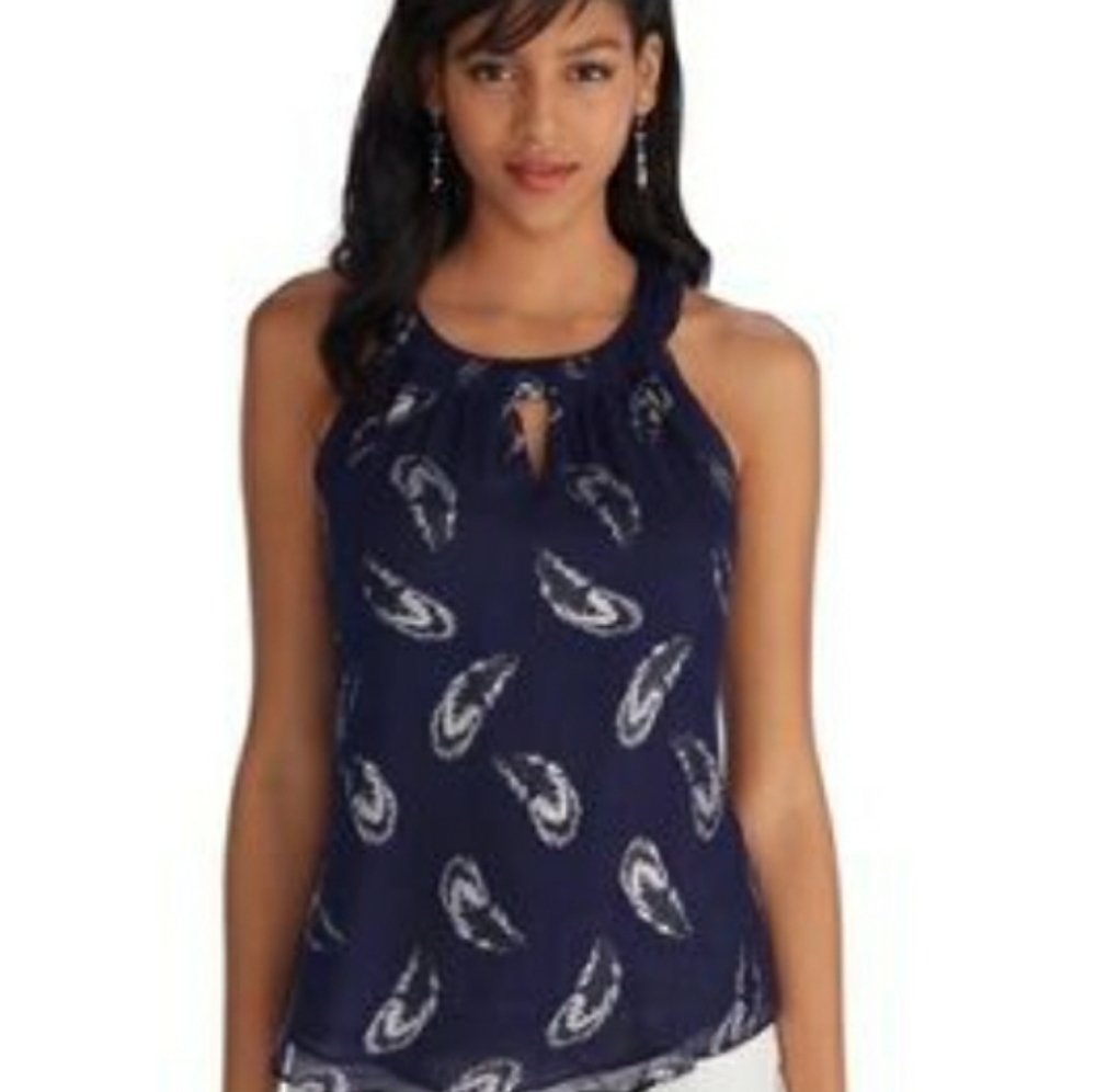 WHBM Size XS Silk Navy Blouse Feather High Neck
